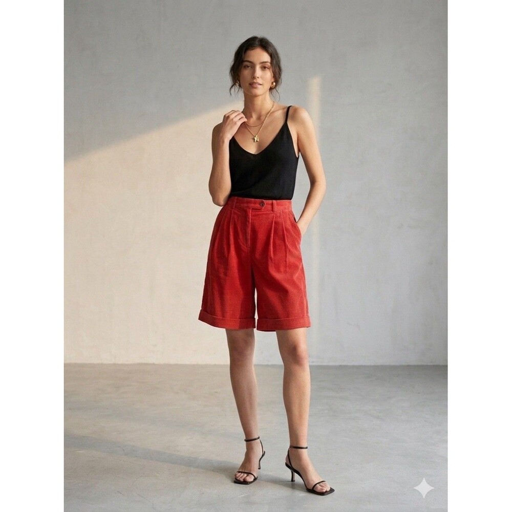 90s Charter Club Red Corduroy Shorts High Waisted Pleated Trouser Size 10